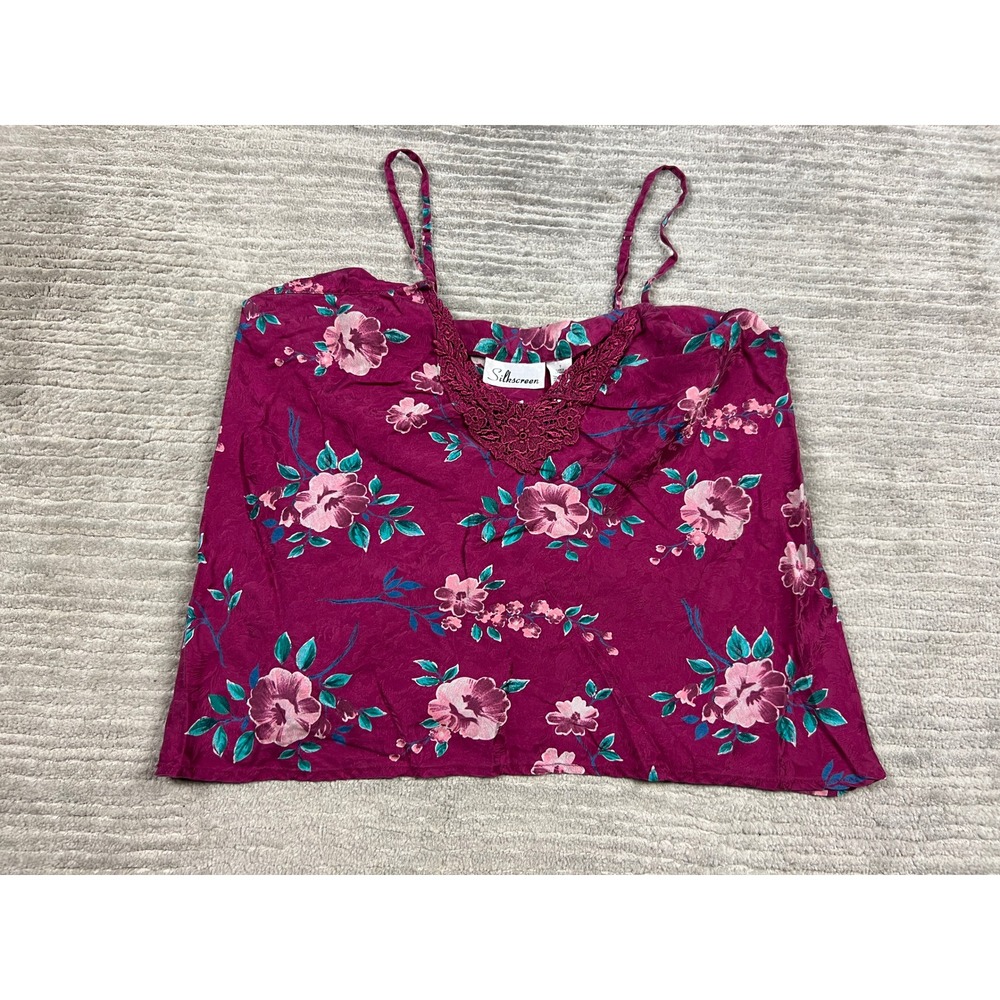 Silkscreen Camisole Womens Large Magenta Floral 100% Silk Lace Trim V-Neck Cami
